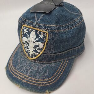 Women Angela & William Hat Fitted One Size Blue Denim Fleur De Lis Cadet Army
